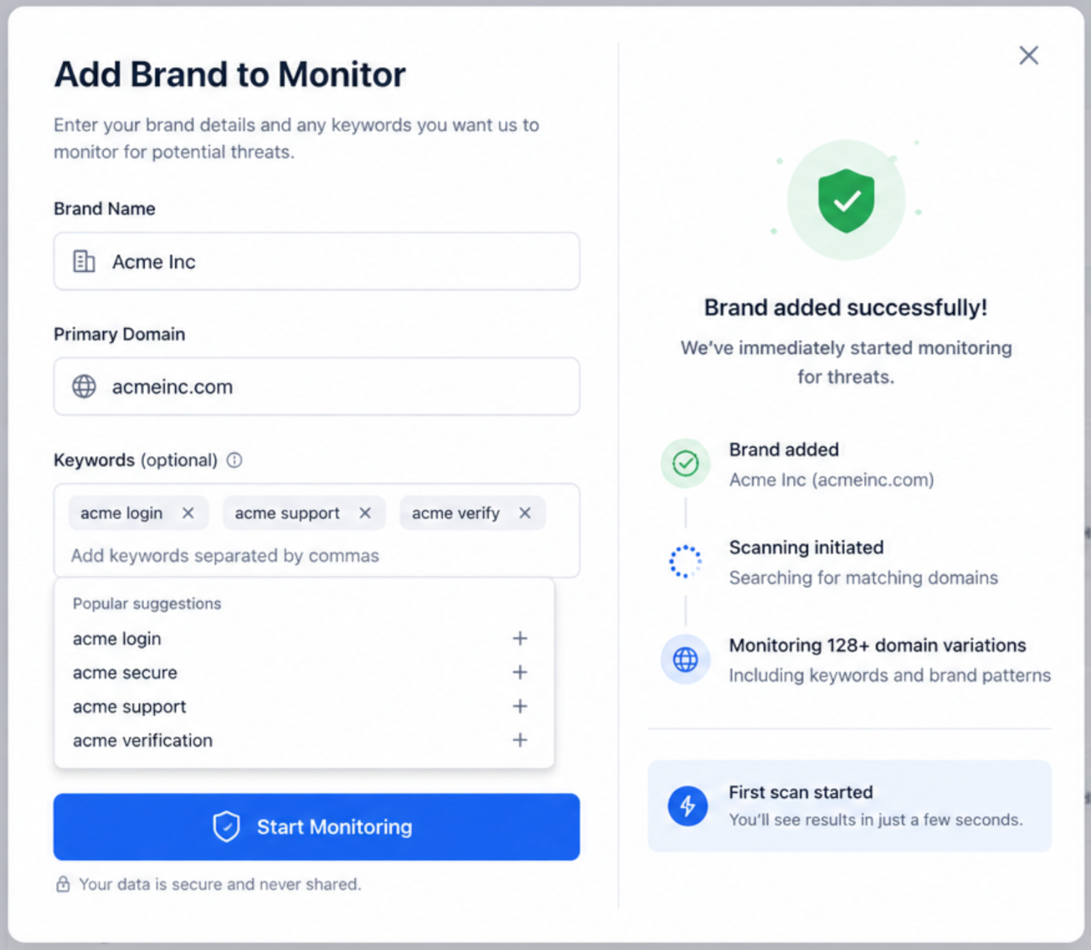 Add Brand to Monitor - Enter your brand details and start monitoring for threats